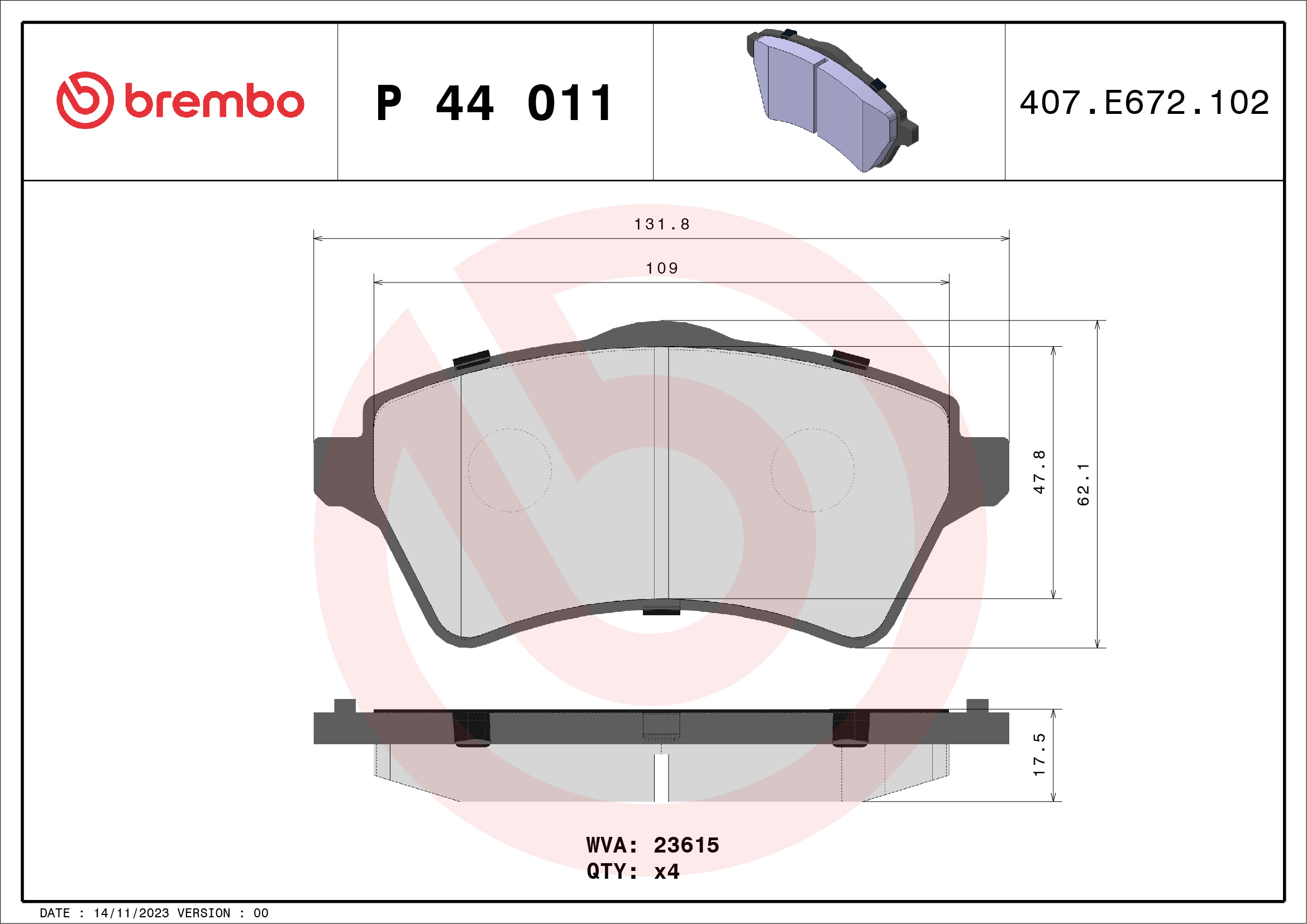 A.B.S. P 44 011 BREMBO Bremsbelagsatz, Scheibenbremse